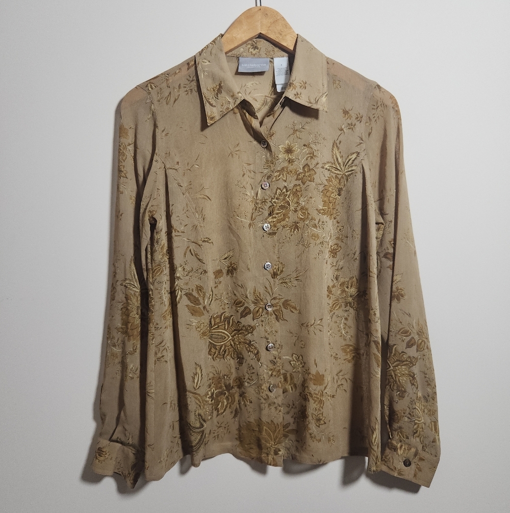 Liz Claiborne Floral Button Up Shirt Size 6 Textured Sheer Neutral Mallcore Top